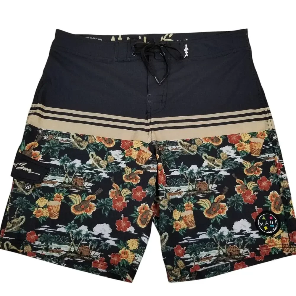 Maui & Son's Men's Swim Trunks Board Shorts Ukelele Shark 4 Way Stretch Black 32